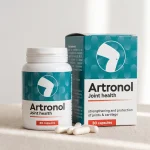 Envase de cápsulas Artronol, complemento alimenticio sobre fondo neutro