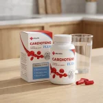 Frasco y caja de Cardiotens Cápsulas junto a un vaso de agua