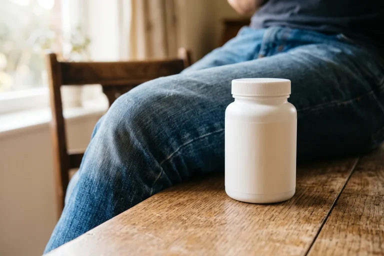 Bote blanco de cápsulas sobre una mesa de madera junto a la rodilla de una persona sentada