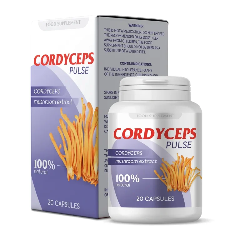 Frasco de Cordyceps Pulse Cápsulas con su caja de cartón