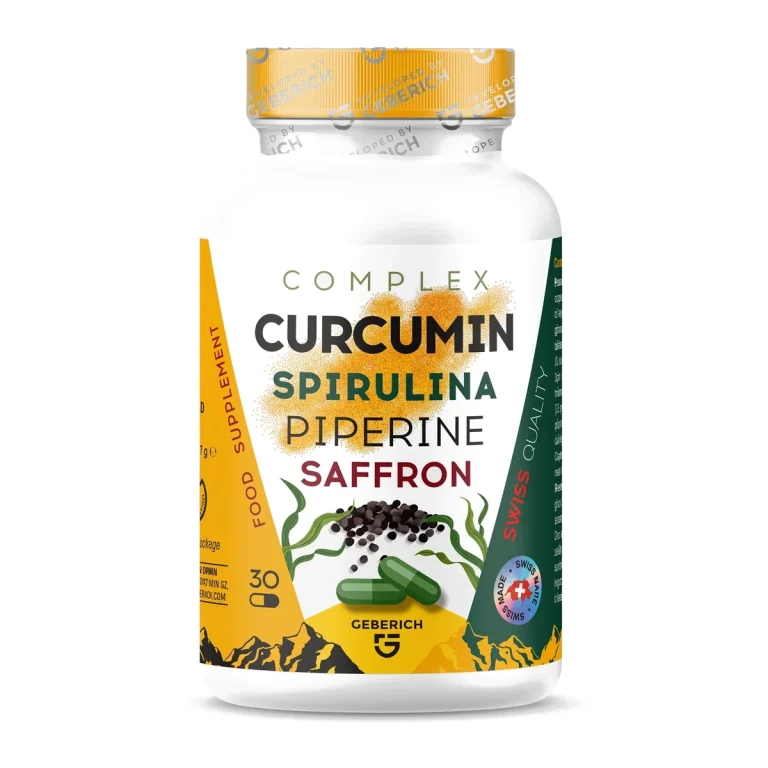 Envase de Curcuma Complex con cápsulas de cúrcuma, espirulina y jengibre