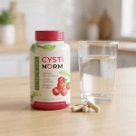 Cápsulas de Cystinorm junto a un vaso de agua, complemento alimenticio