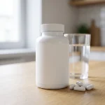 Frasco de cápsulas Flex articulaciones junto a un vaso de agua