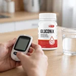 Persona revisando su nivel de azúcar en sangre antes de tomar Gluconix