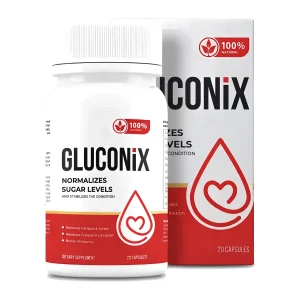 Frasco de 20 cápsulas de Gluconix junto a un vaso de agua