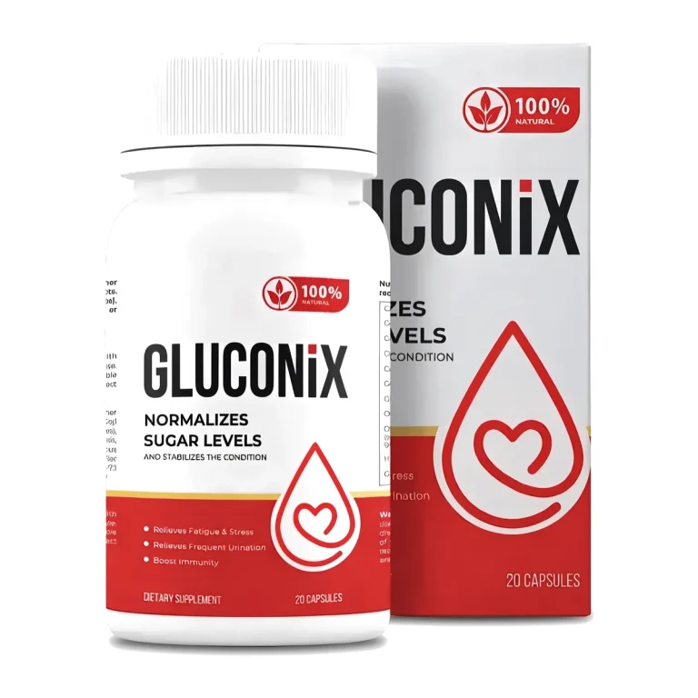 Frasco de 20 cápsulas de Gluconix junto a un vaso de agua
