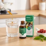 Gotas de IdealFit con L-carnitina, goji y té verde junto a un vaso de agua