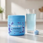 Vaso de agua con Nano Slim disuelto, complemento alimenticio para adelgazar