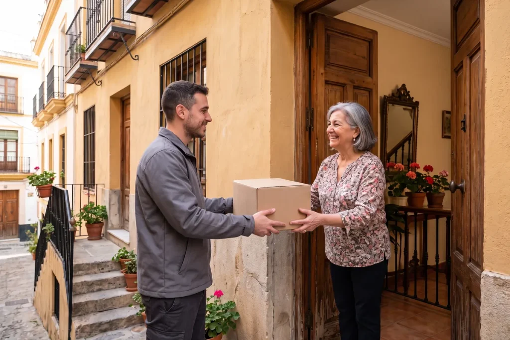 Repartidor entregando una caja de cartón a una mujer de unos sesenta años en la puerta de su casa